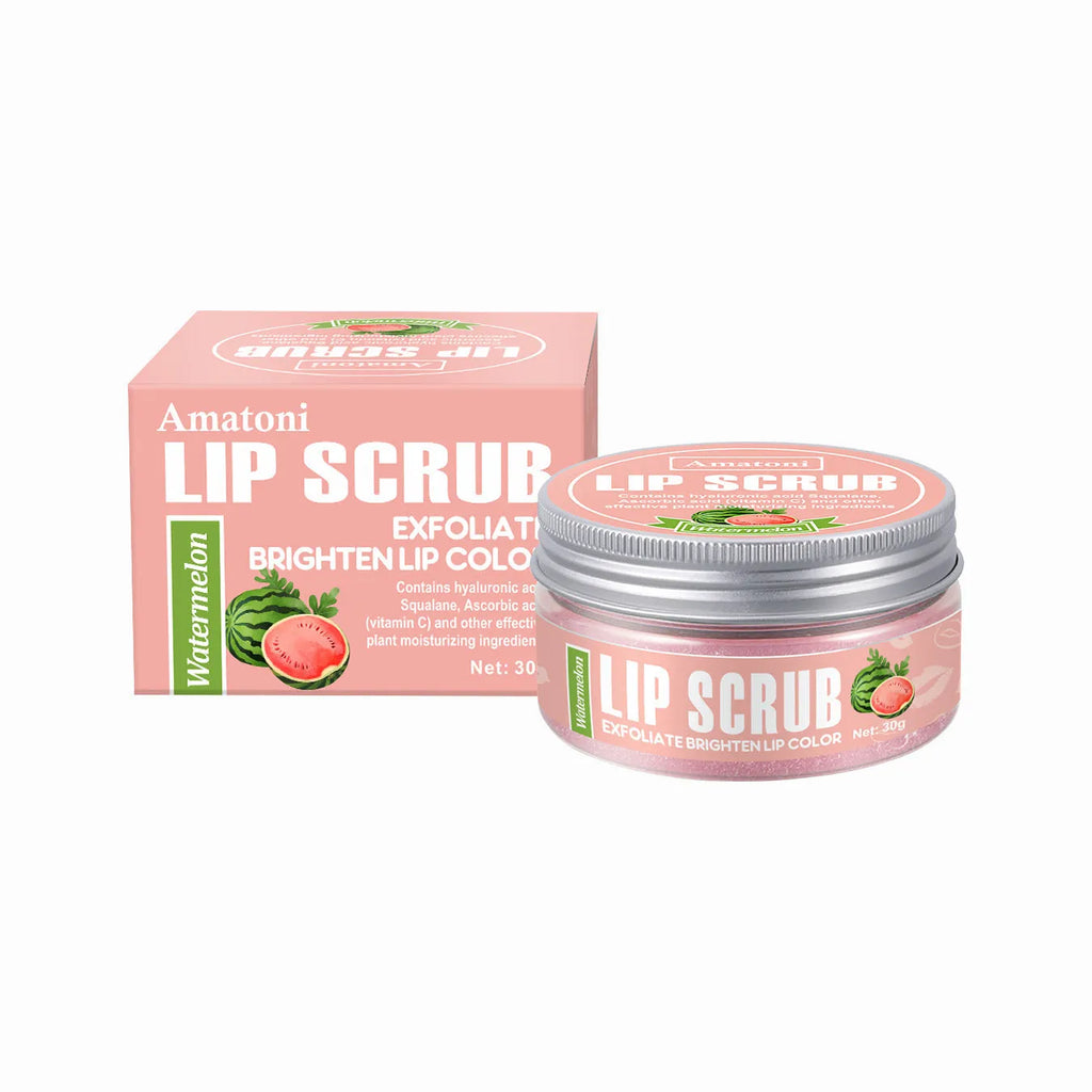 Amatoni Lip Scrub 30g tube in fruit flavours: coconut, raspberry, vanilla, watermelon