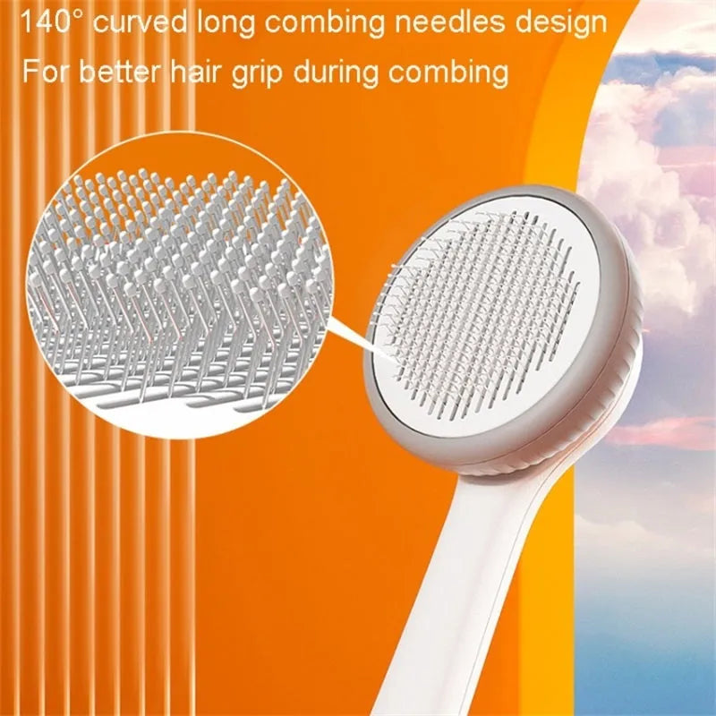 Blue and white self-cleaning pet grooming brush with a slicker comb head for cats and dogs.