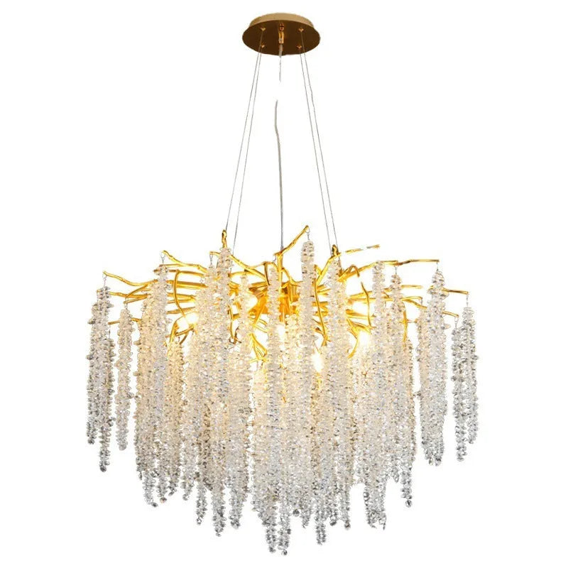 Aluminium alloy crystal chandelier light with adjustable drop, shown in round and long style options.