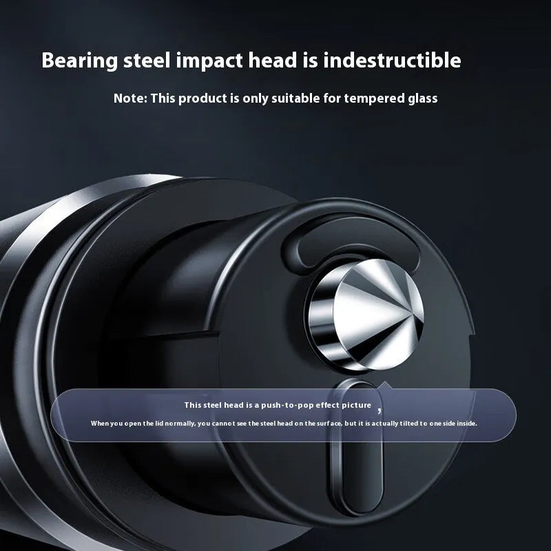 Gun grey automobile safety hammer with bearing steel impact head and seatbelt cutter measuring 87mm