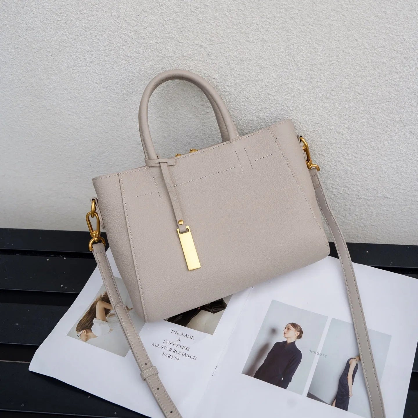 Genuine leather women handbag horizontal square shape first layer cowhide soft with sewing line detailing daily matching bag
