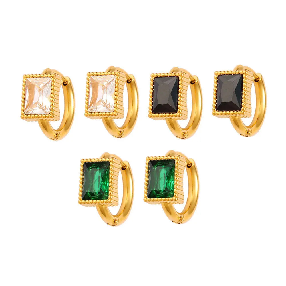 Square zircon stainless steel geometry earrings with round rings in white, black, or green.
