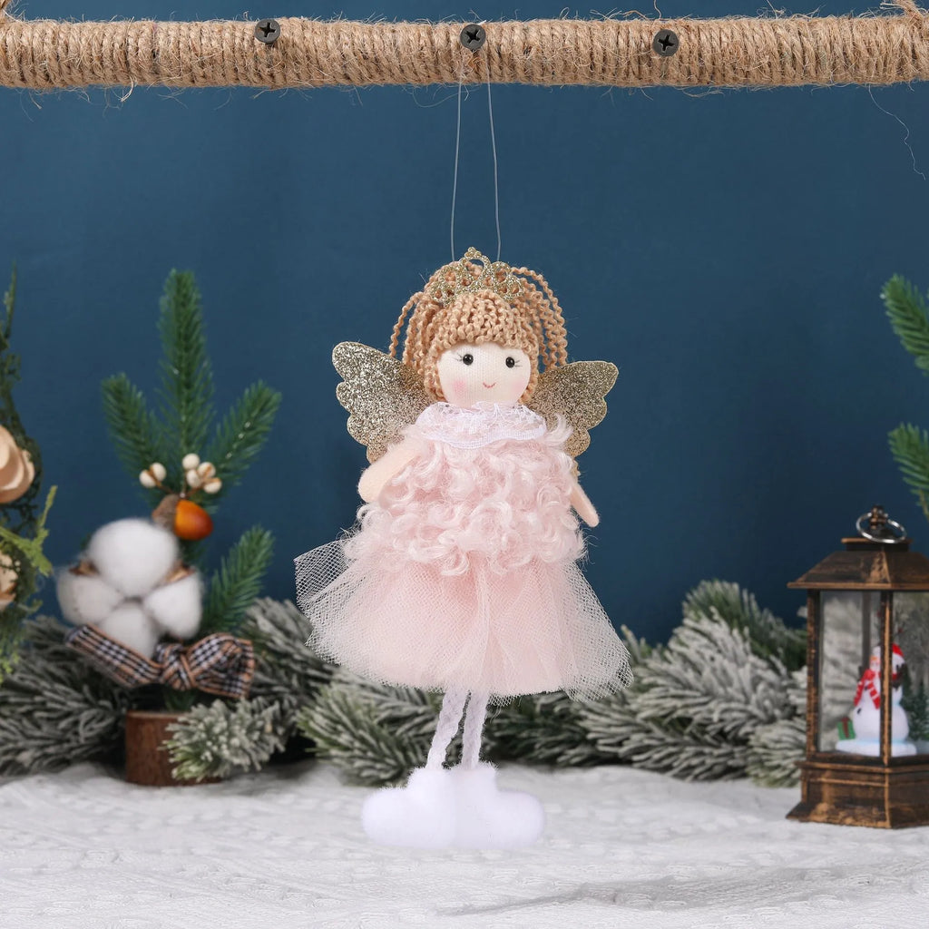 Close-up of a girl's cloth Christmas angel hair pendant clip in white, shown on a high ponytail.