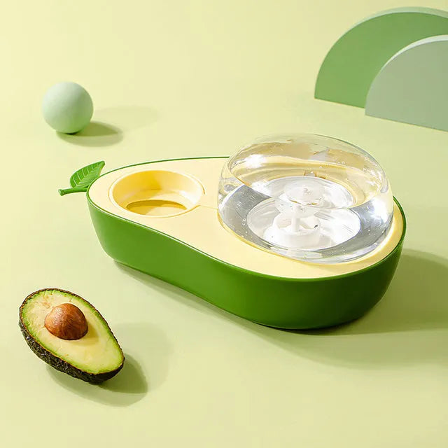 Avocado-shaped automatic cat water dispenser and slow feeder bowl with separate food sections