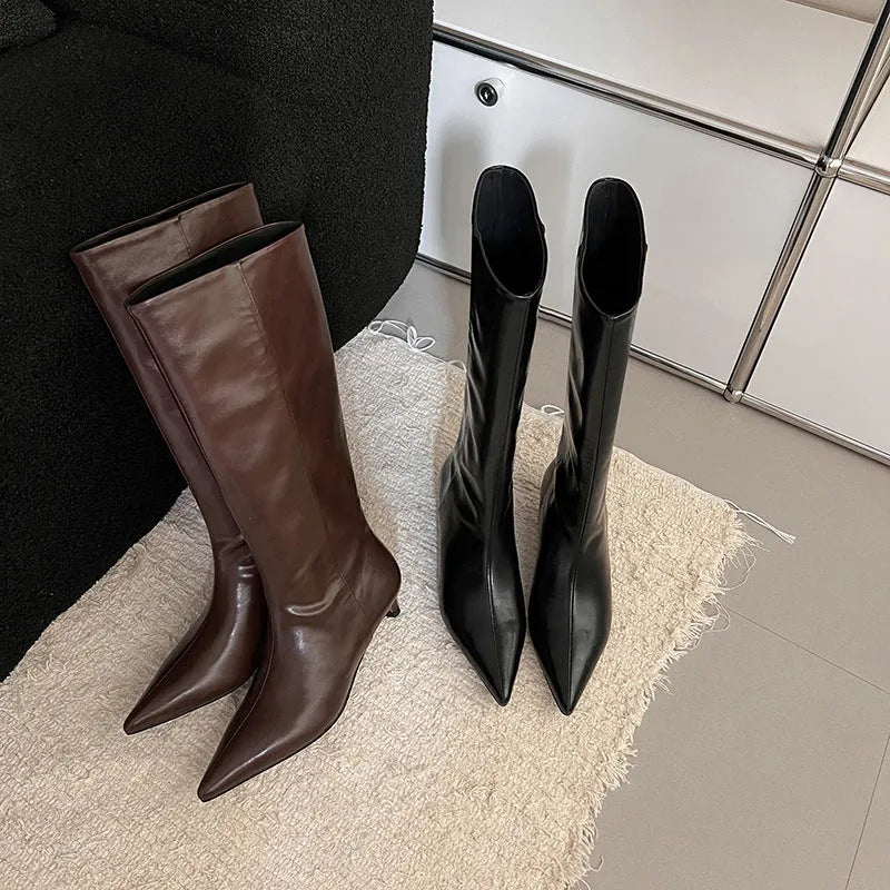 Brown elastic commuter pointed high heel boots with cowhide upper and 3-5cm mid stiletto heel