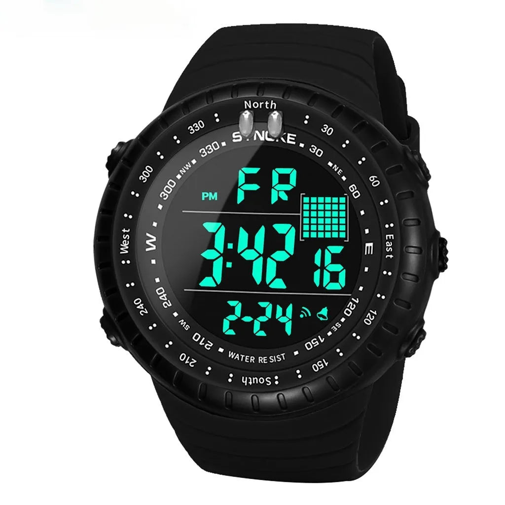 Black waterproof outdoor digital watch for men with large 54.74mm dial on a PU strap.