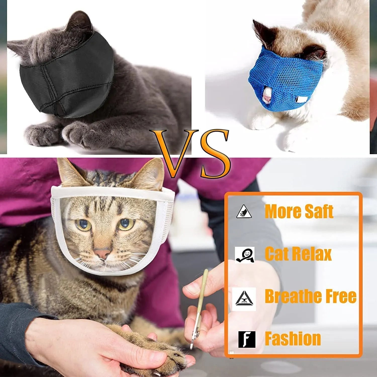 Clear transparent PVC cat muzzle with cotton lining and central breathing hole
