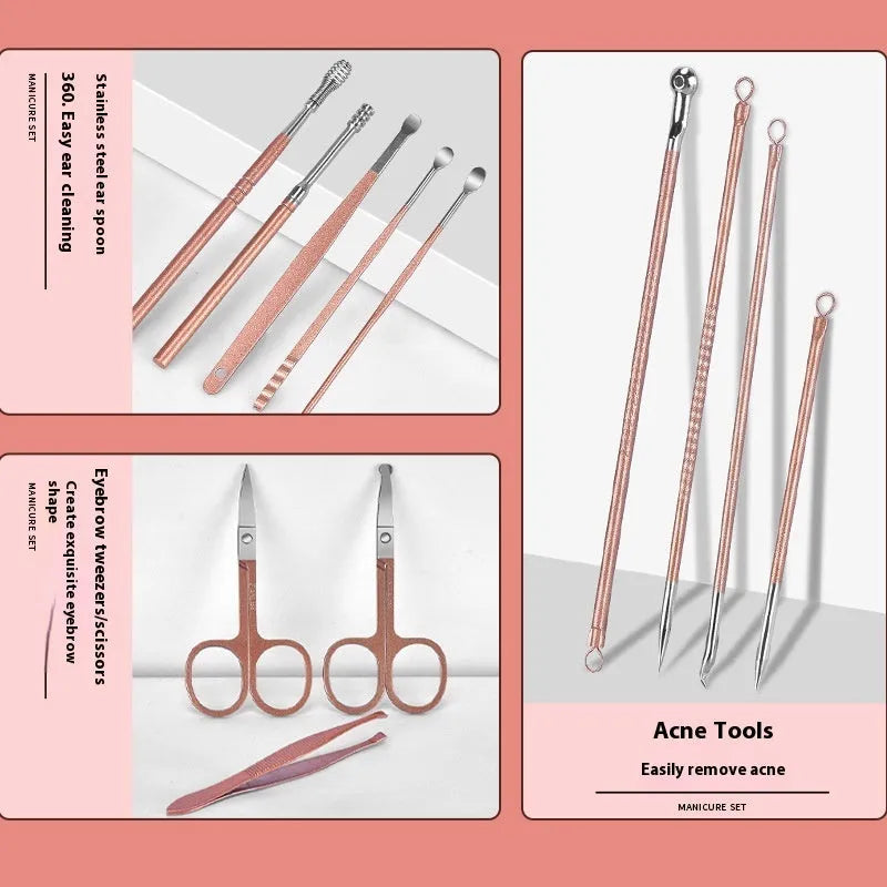 30-piece stainless steel nail beauty tool set in presentation case, colour options shown.