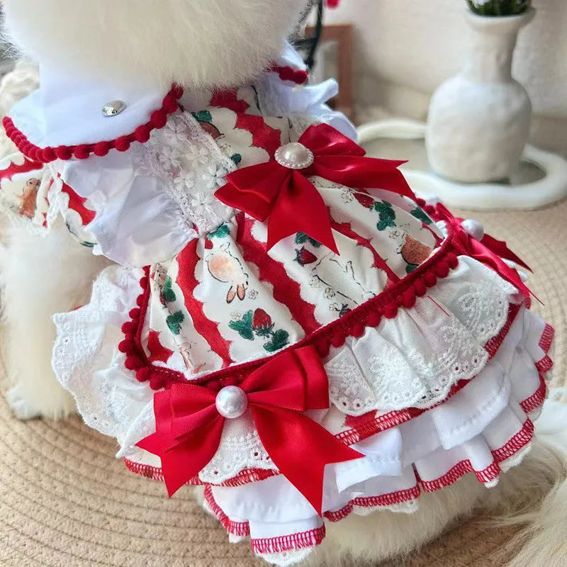 Small white dog wearing a rabbit-style skirt, showing the princess cut and fit based on detailed size chart measurements.