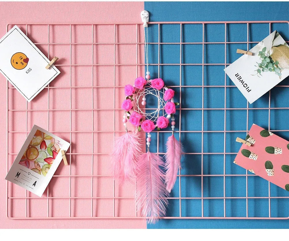 Pink ostrich feather dreamcatcher wind chime ornament measuring 10cm for wall decoration