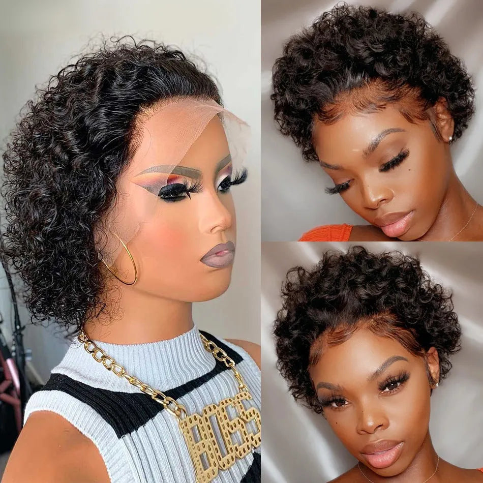 Black lace front pixie cut wig made from 100% human hair in dark brown colour 13x1 on a mannequin head