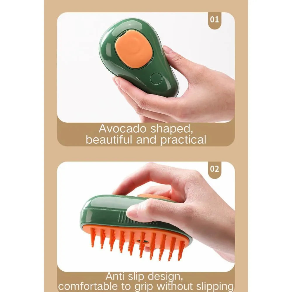 Green and white 3-in-1 cat steam brush with silicone teeth and water spray function, shown with size scale.