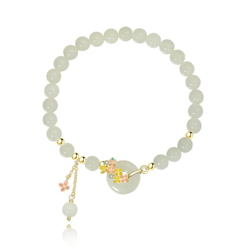 Osmanthus style bracelet with 6mm natural Hetian jade bead and S925 sterling silver buckle