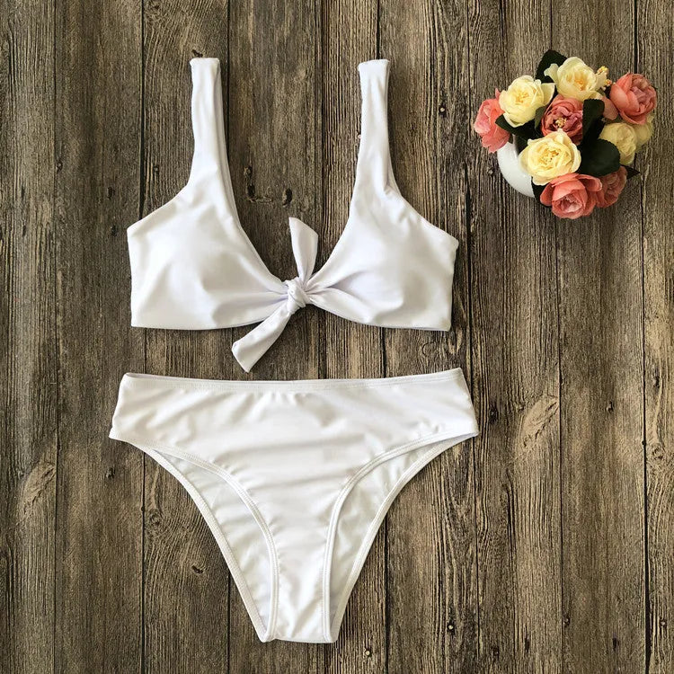 Women's solid colour bikini set in polyester, shown in one of five colour options.