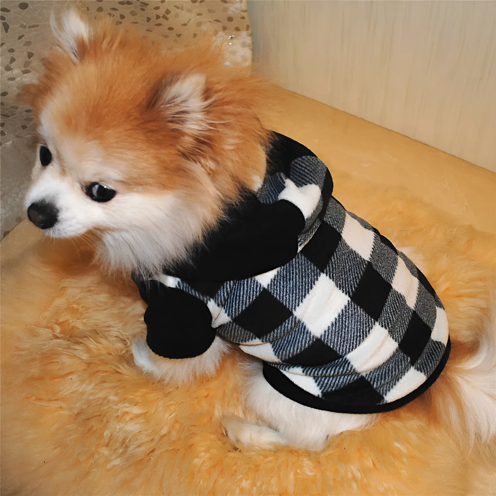 Fleece dog hooded sweater in black and white grid, winter clothing for small to large dogs