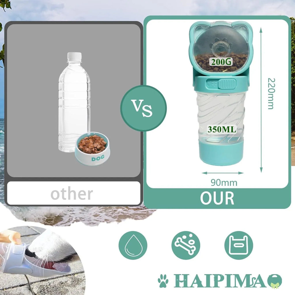 Green 3-in-1 portable pet water bottle with bowl, food container, and bag dispenser attached to a strap.