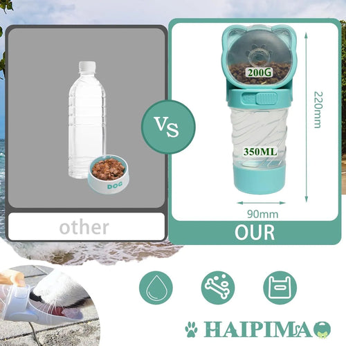 Green 3-in-1 portable pet water bottle with bowl, food container, and bag dispenser attached to a strap.