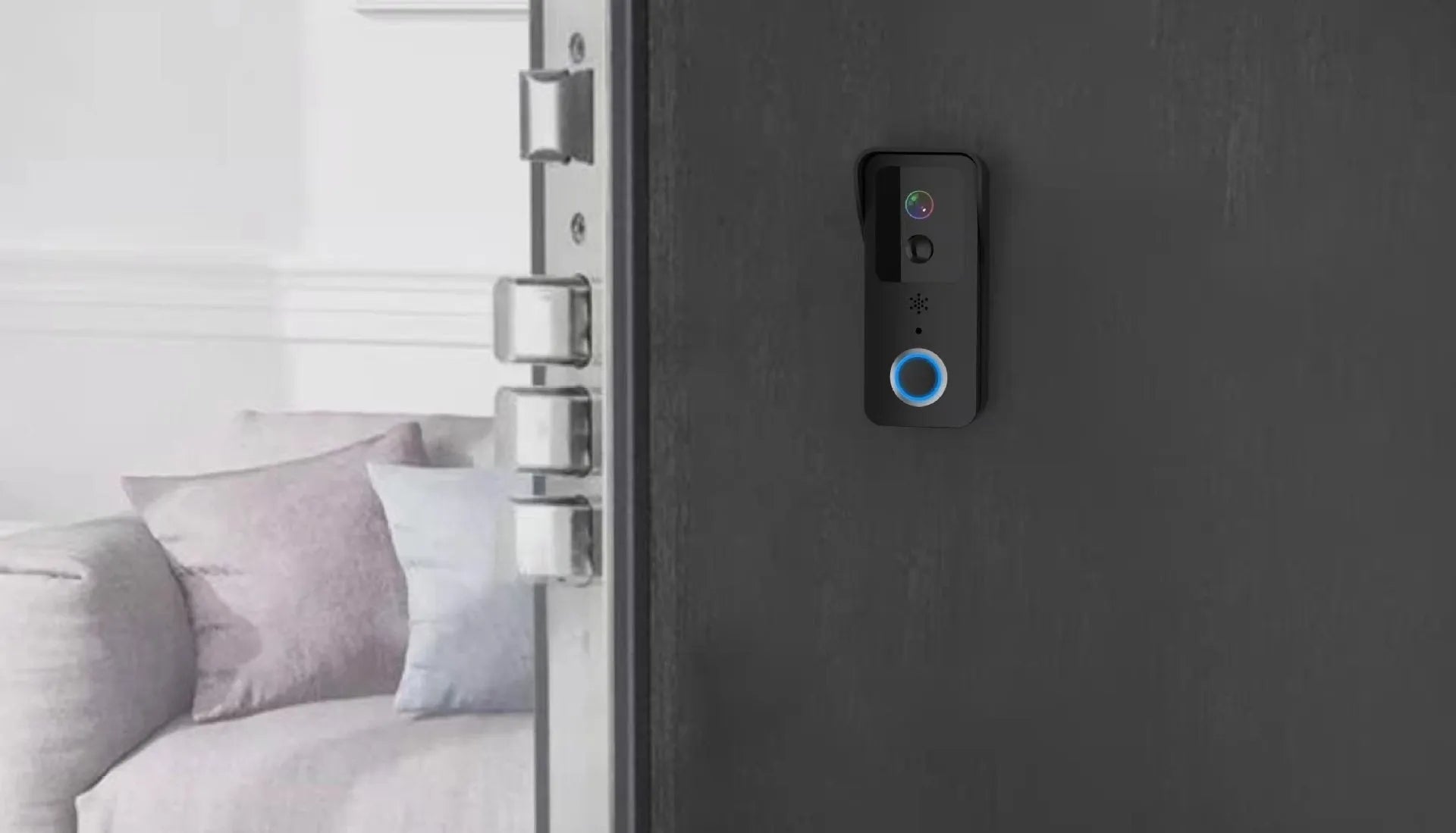 Waterproof smart HD visual doorbell with a rechargeable battery on a doorstep.