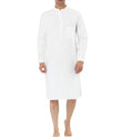 Men's light blue cotton shirt robe with front pockets hanging on a hanger.