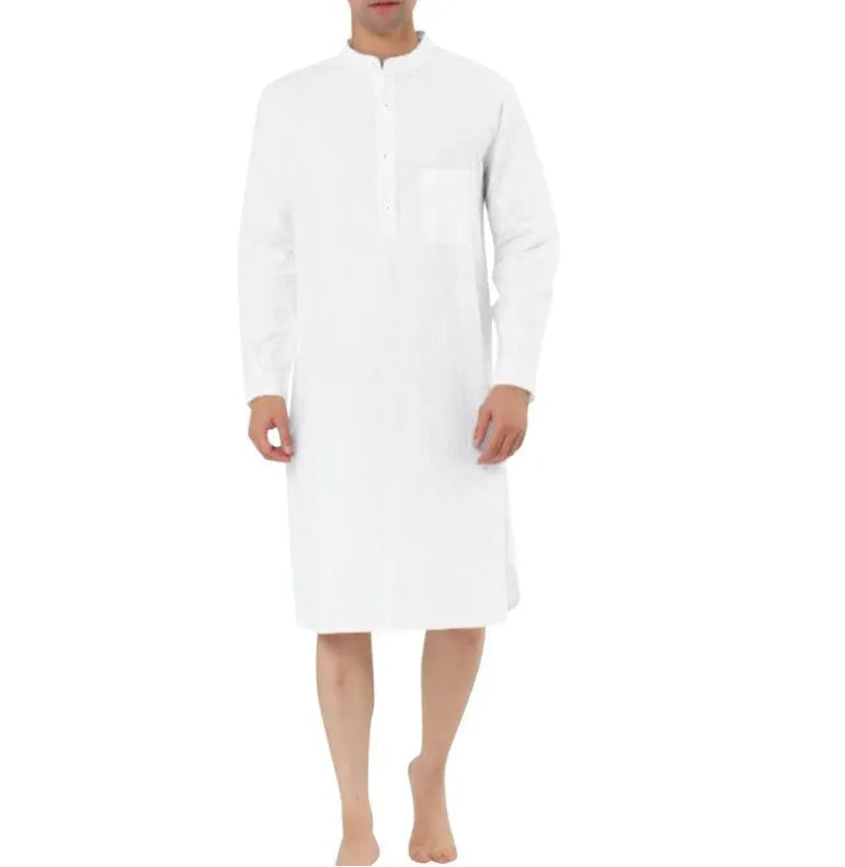 Men's light blue cotton shirt robe with front pockets hanging on a hanger.
