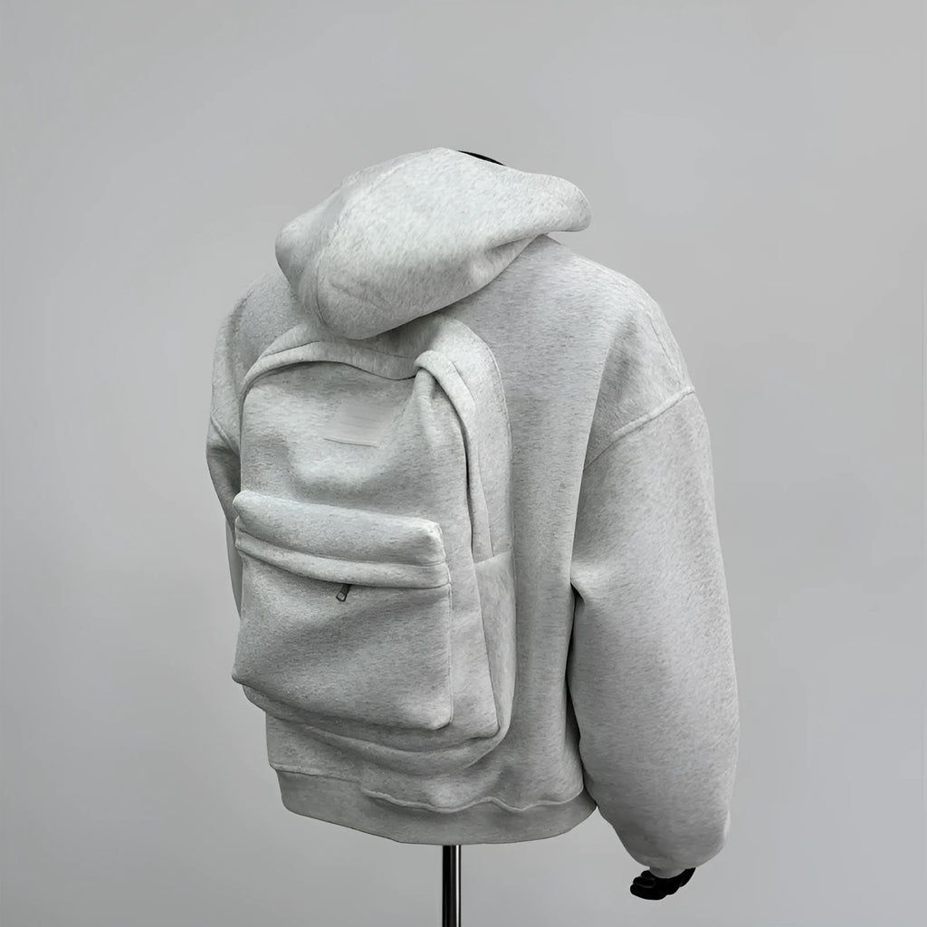 Men's grey hoodie with back schoolbag design, zip-up front and hood, polyester-cotton fabric
