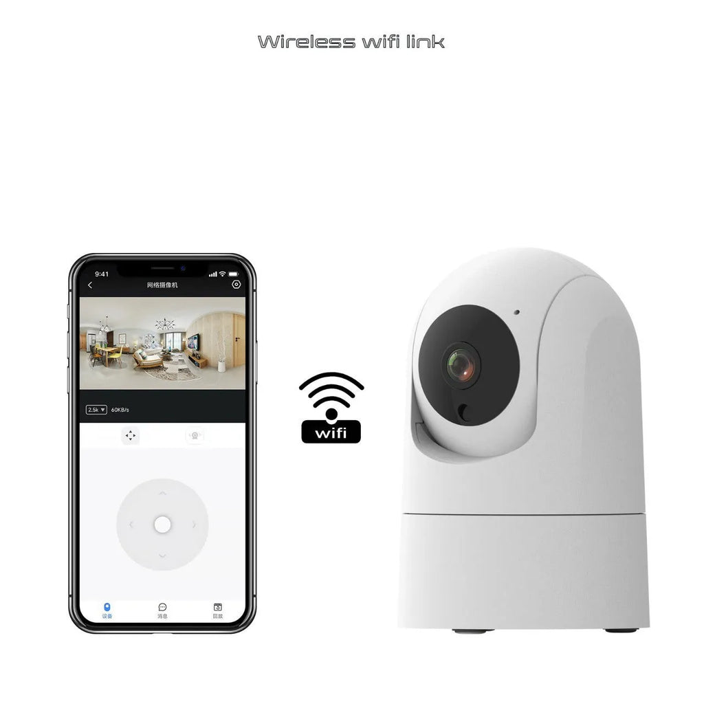 White indoor security camera with wide-angle lens on a shelf, showing compact 80x80x115mm size.