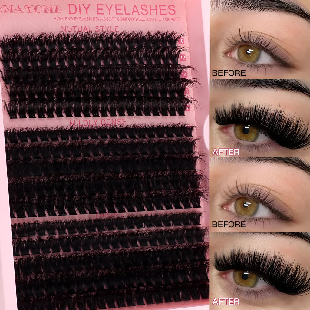 DIY false eyelashes extension kit showing single cluster lashes and eyelash tweezers on a clean surface
