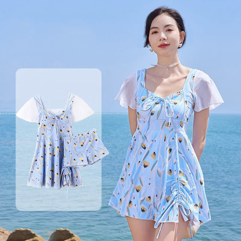 Women's floral pattern one-piece swimsuit in sea salt blue colour