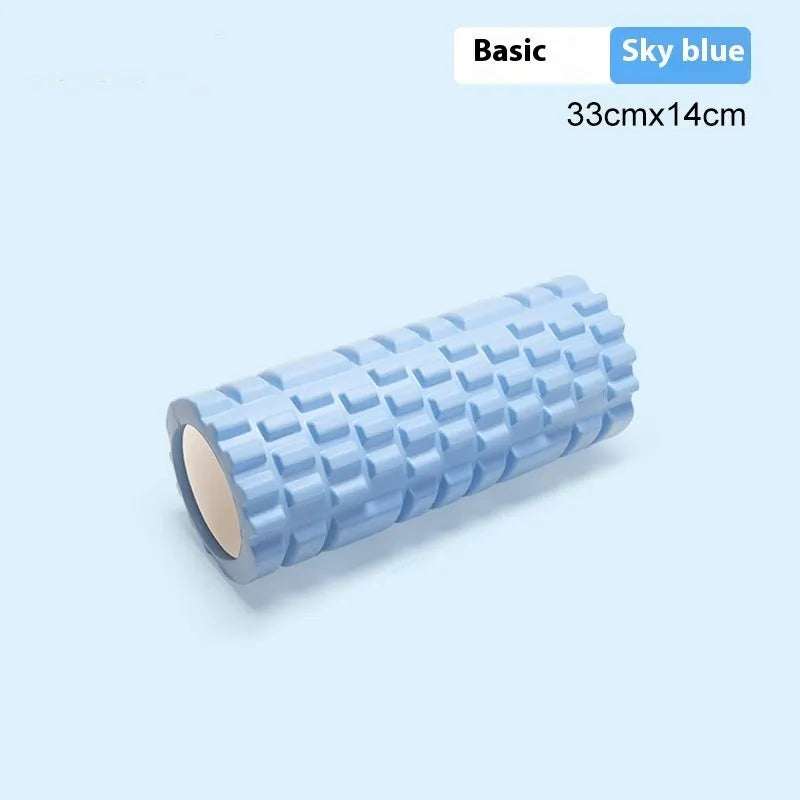 EVA foam fitness roller shown in various colours including black, pink, and blue.
