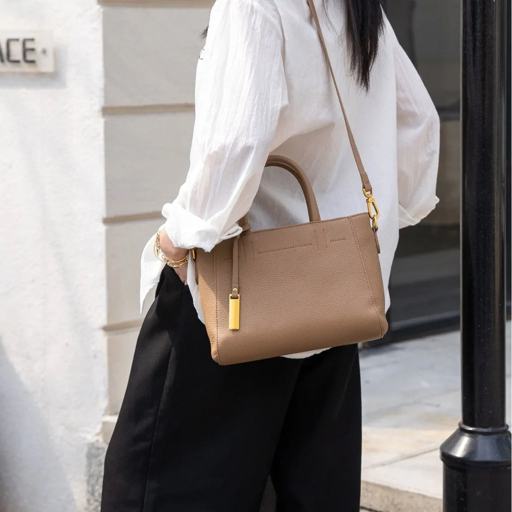 Genuine leather women handbag horizontal square shape first layer cowhide soft with sewing line detailing daily matching bag
