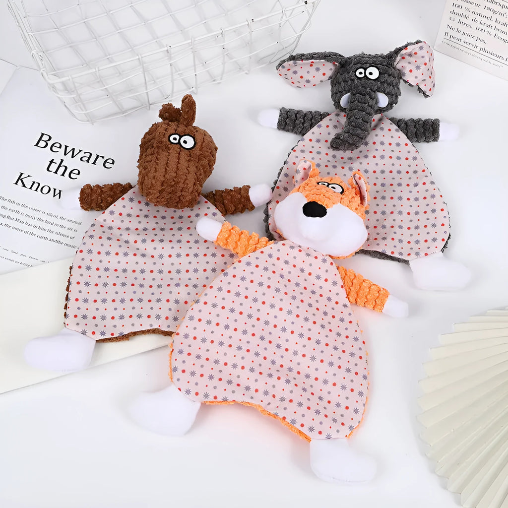 Brown, grey, or orange velvet plush pet toy shaped like a fox elephant with crinkly sound paper inside
