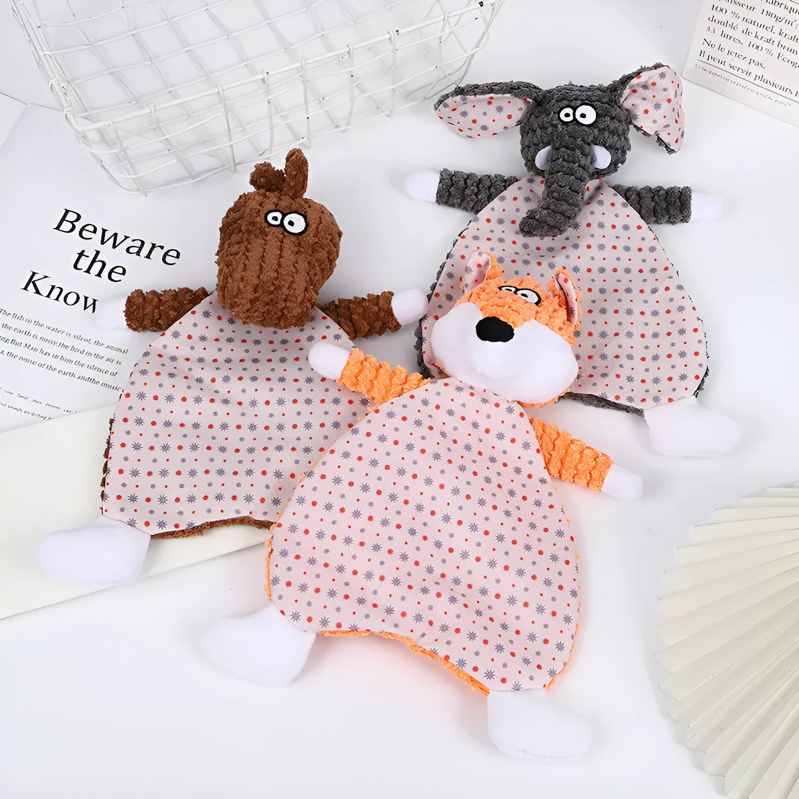 Brown, grey, or orange velvet plush pet toy shaped like a fox elephant with crinkly sound paper inside