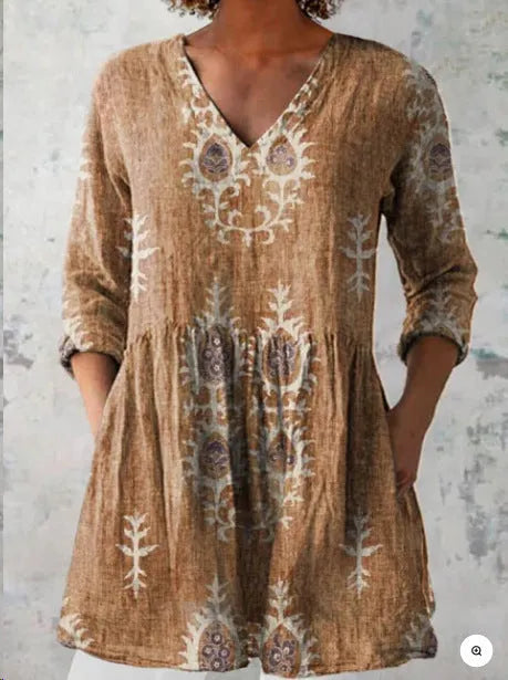 A loose-fitting women's dress with a wave print, 3/4 sleeves, and a wide waist.
