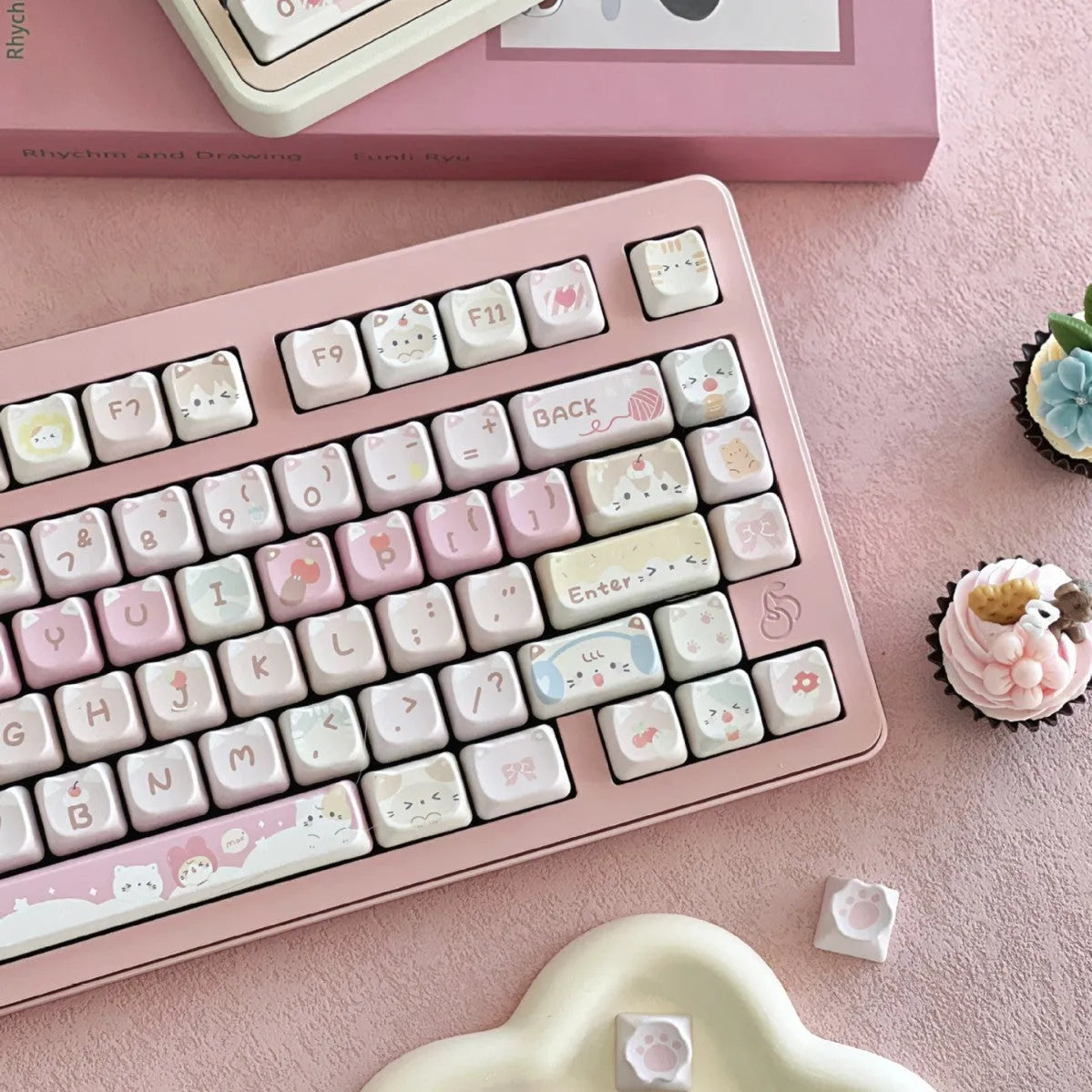 Meow Meow Team mechanical keyboard keycap set showing 141 plastic keys with sublimation printing on all sides