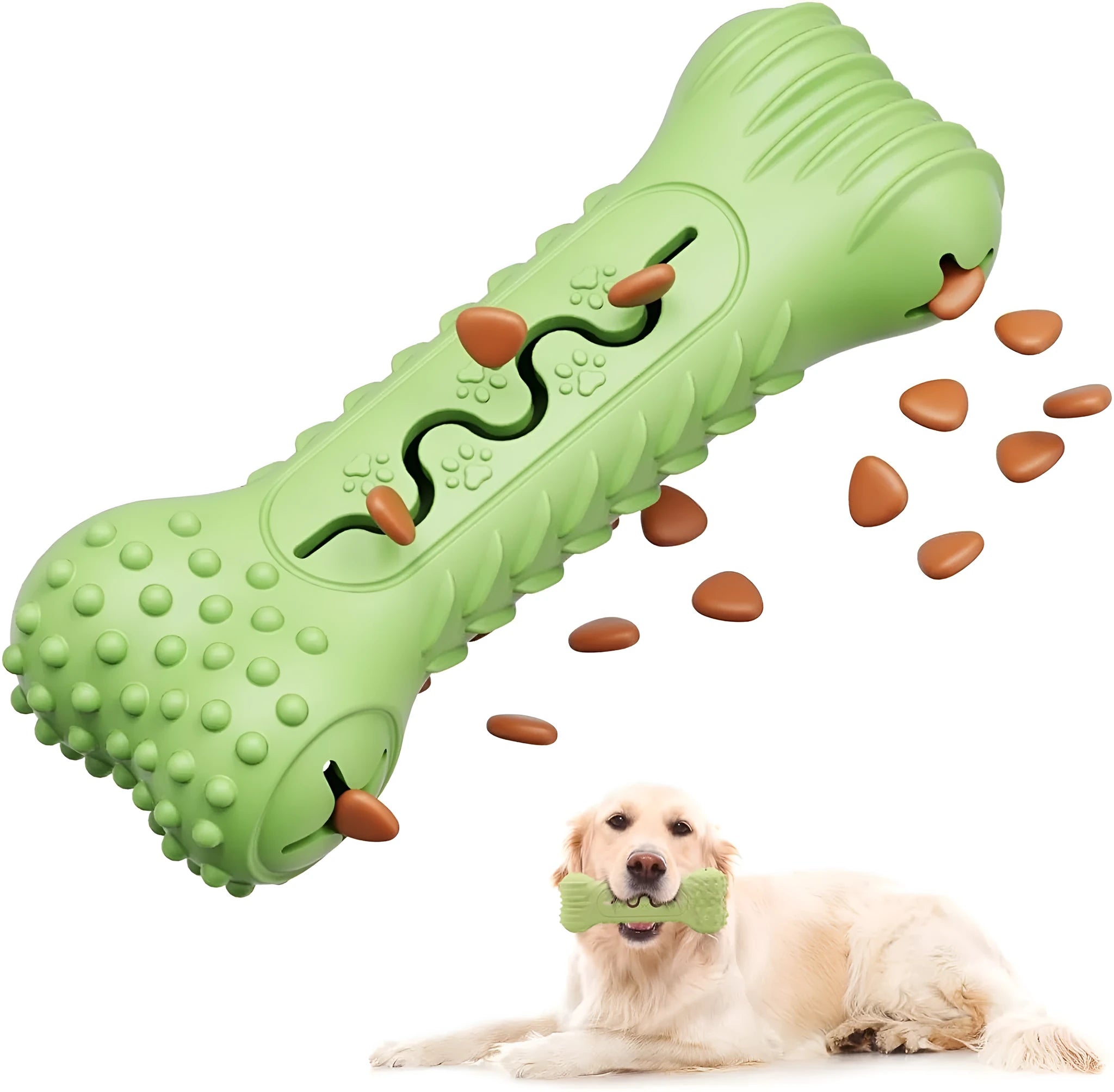 Blue green and orange natural rubber bone-shaped dog chew toy for aggressive chewers on a white background