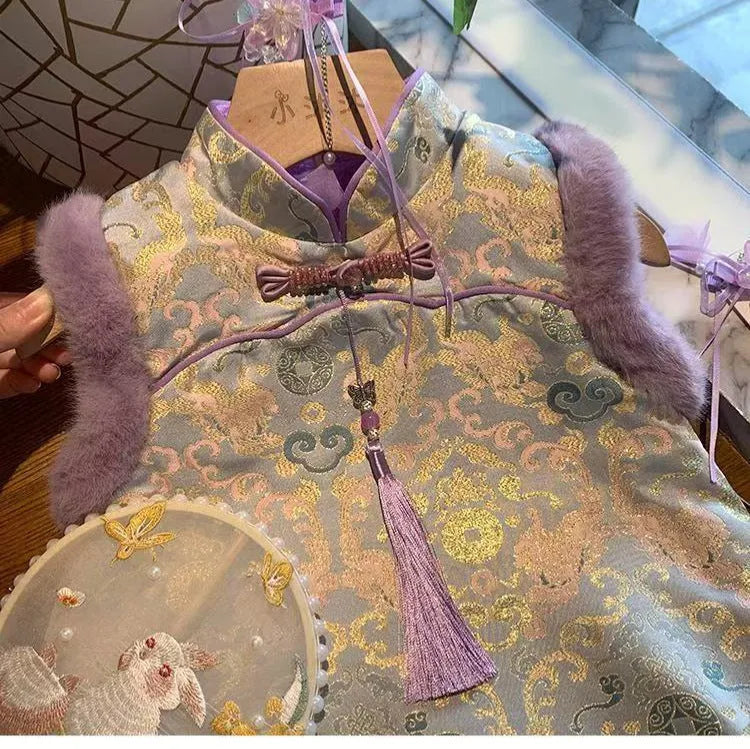 Girls' velvet padded cheongsam dress with floral pattern, available in multiple colours, suitable for heights 80cm to 130cm.