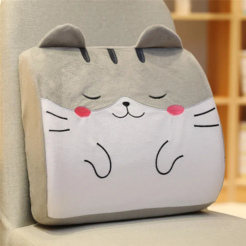 Cartoon memory foam lumbar support cushion with removable grey cat design cover on office chair