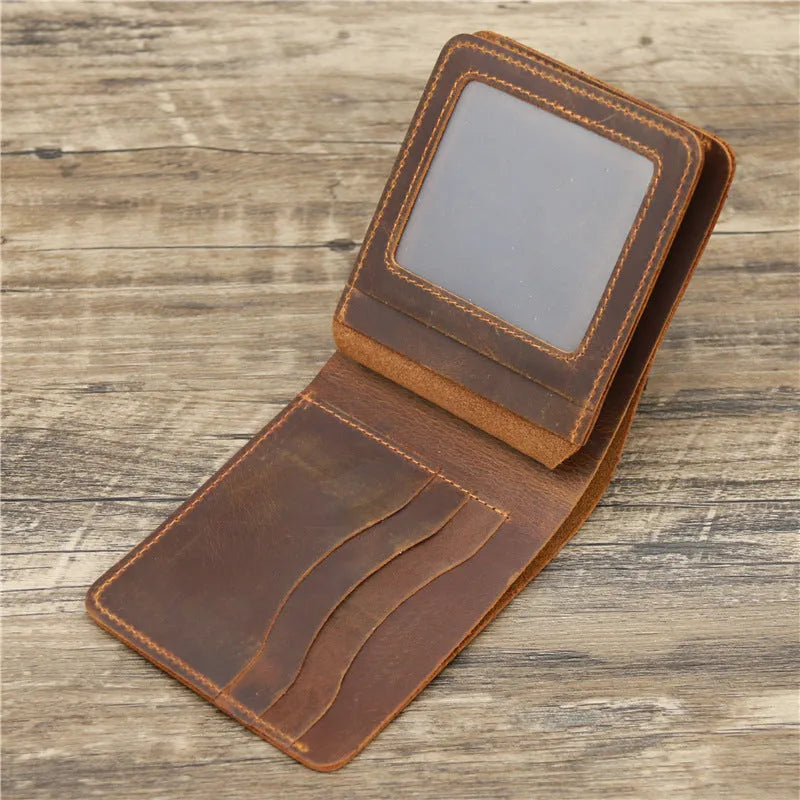 Men's genuine leather card holder wallet in dark brown or reddish brown, 11.5cm x 9.5cm x 2cm, solid colour, European style