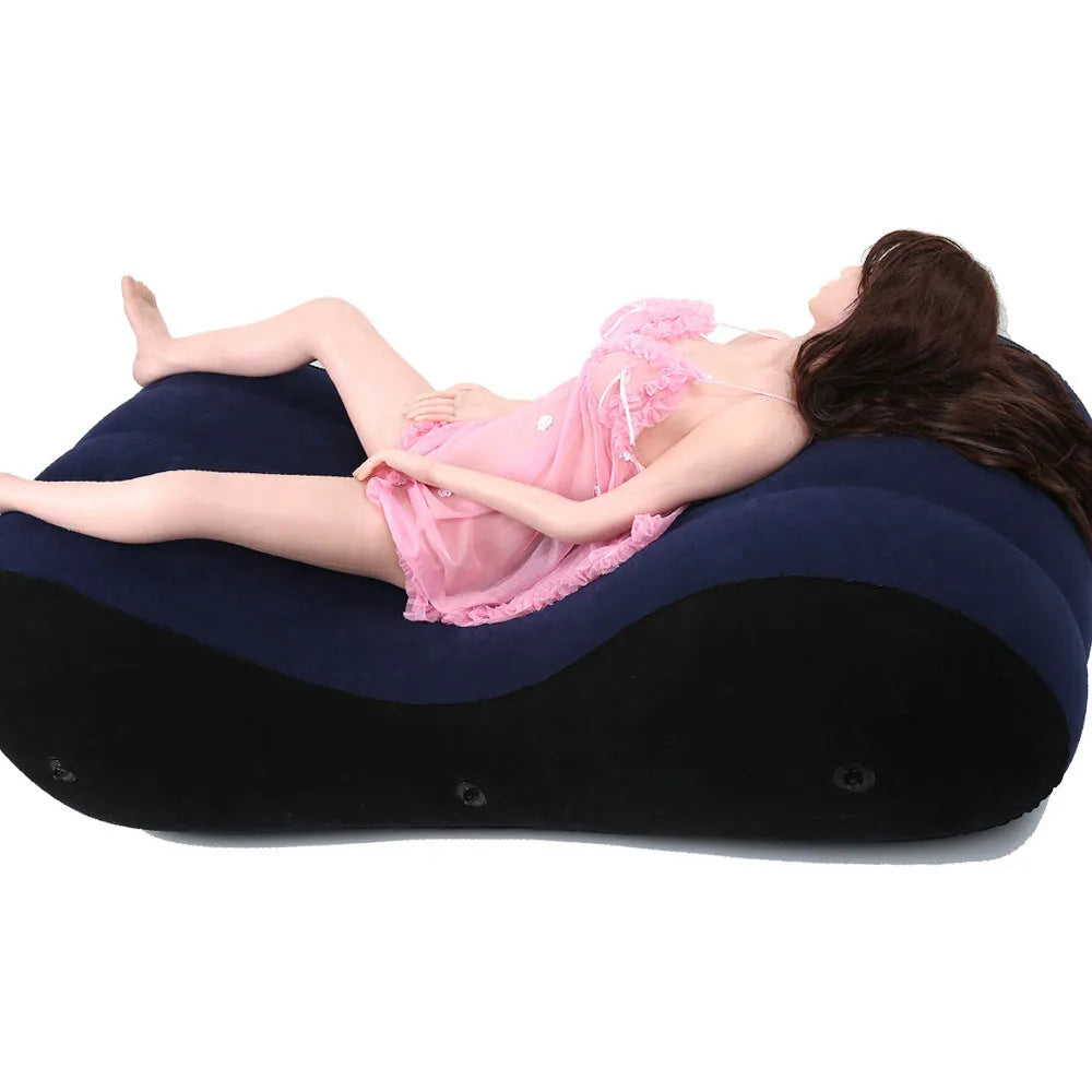 Blue inflatable sofa cushion bed chair made of PVC with flocked surface, shown inflated and ready for use