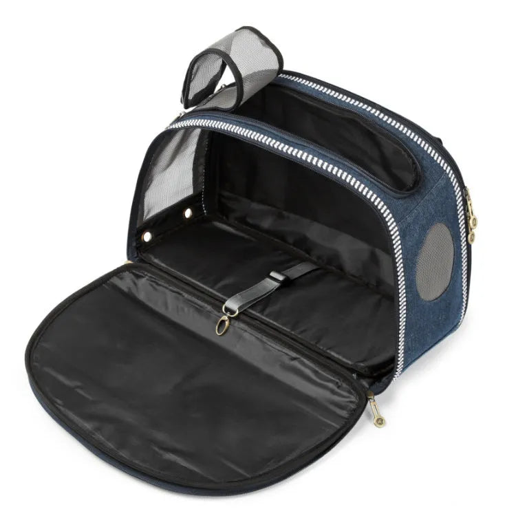 Blue denim pet diaper bag with cartoon pattern, dimensions 43cm by 20cm by 30cm.