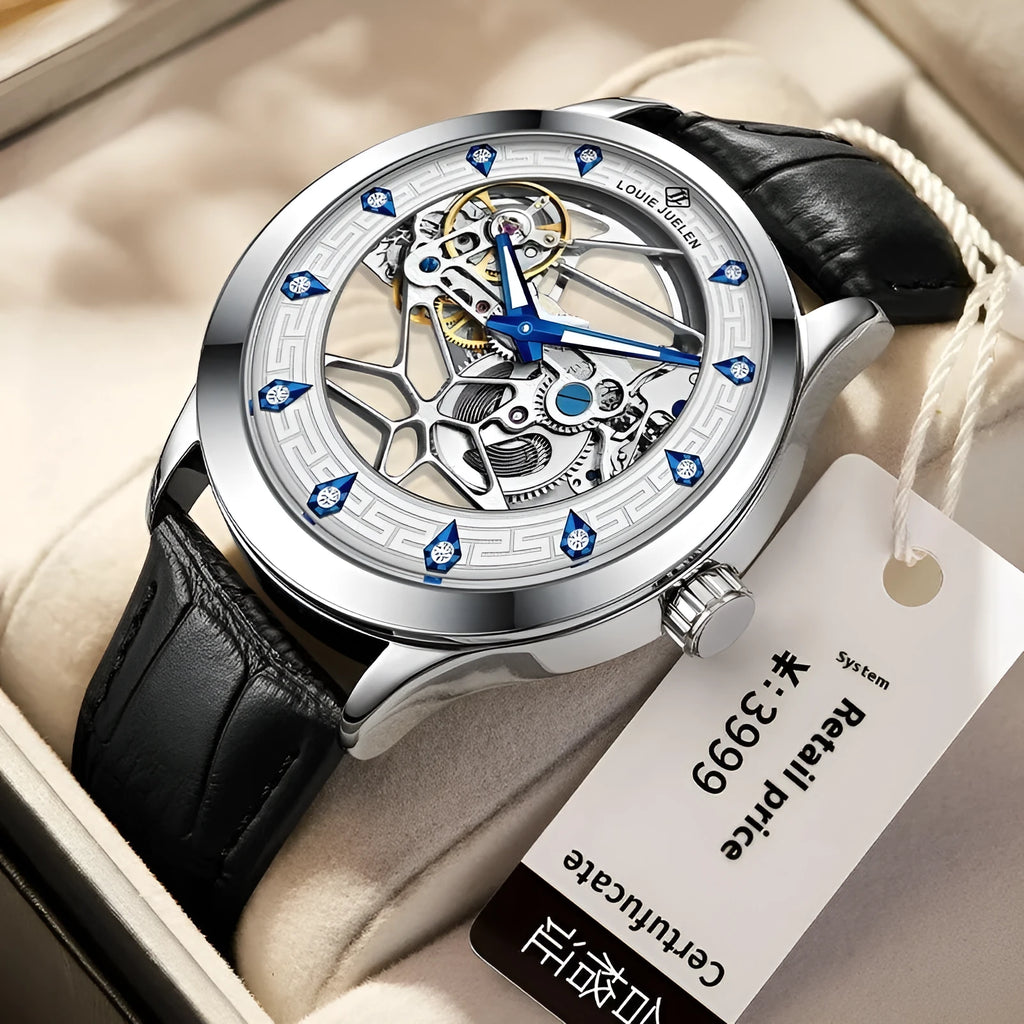 Men's silver stainless steel waterproof mechanical watch with luminous hands on a black genuine leather strap.