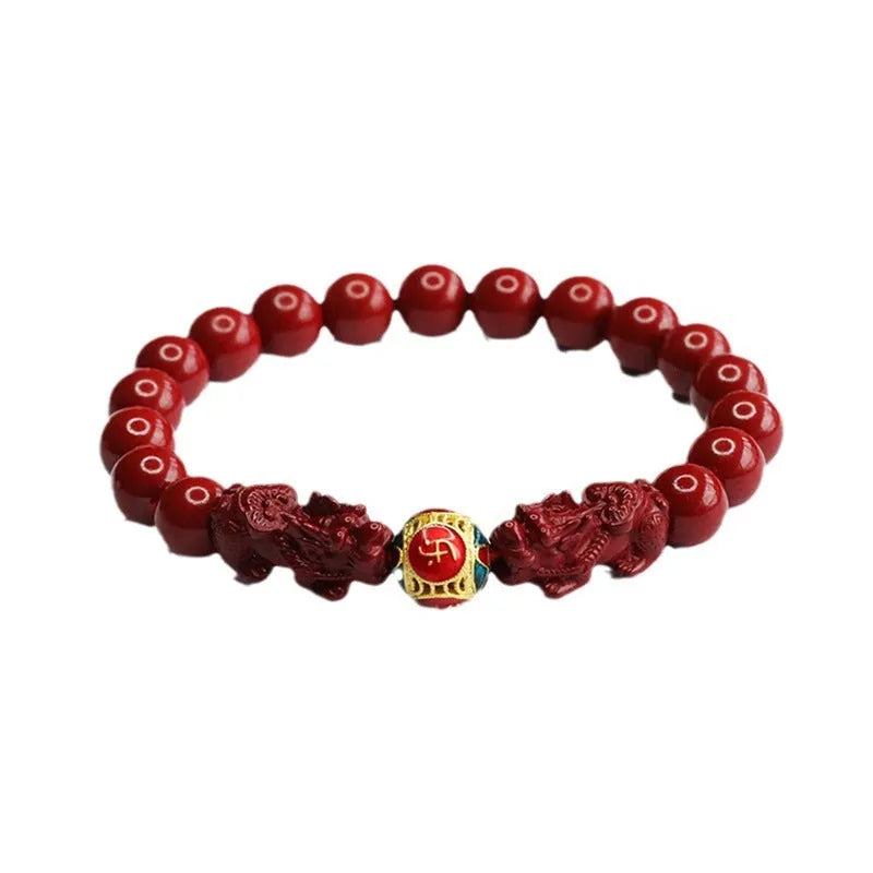 Purple gold sand cinnabar women's bracelet with double Pixiu carving, 8mm diameter