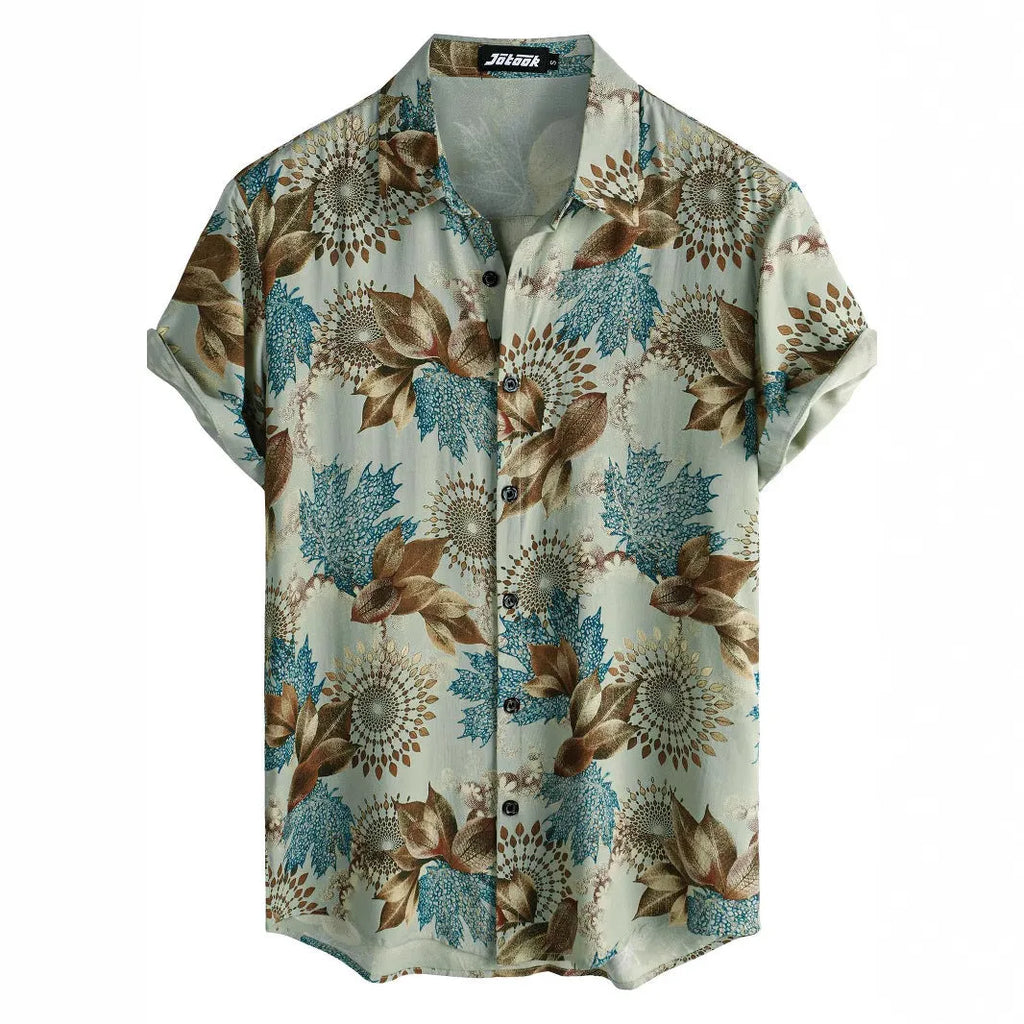Hawaiian style short sleeve shirt with lapel collar and floral digital print, made from elastic polyester fabric.