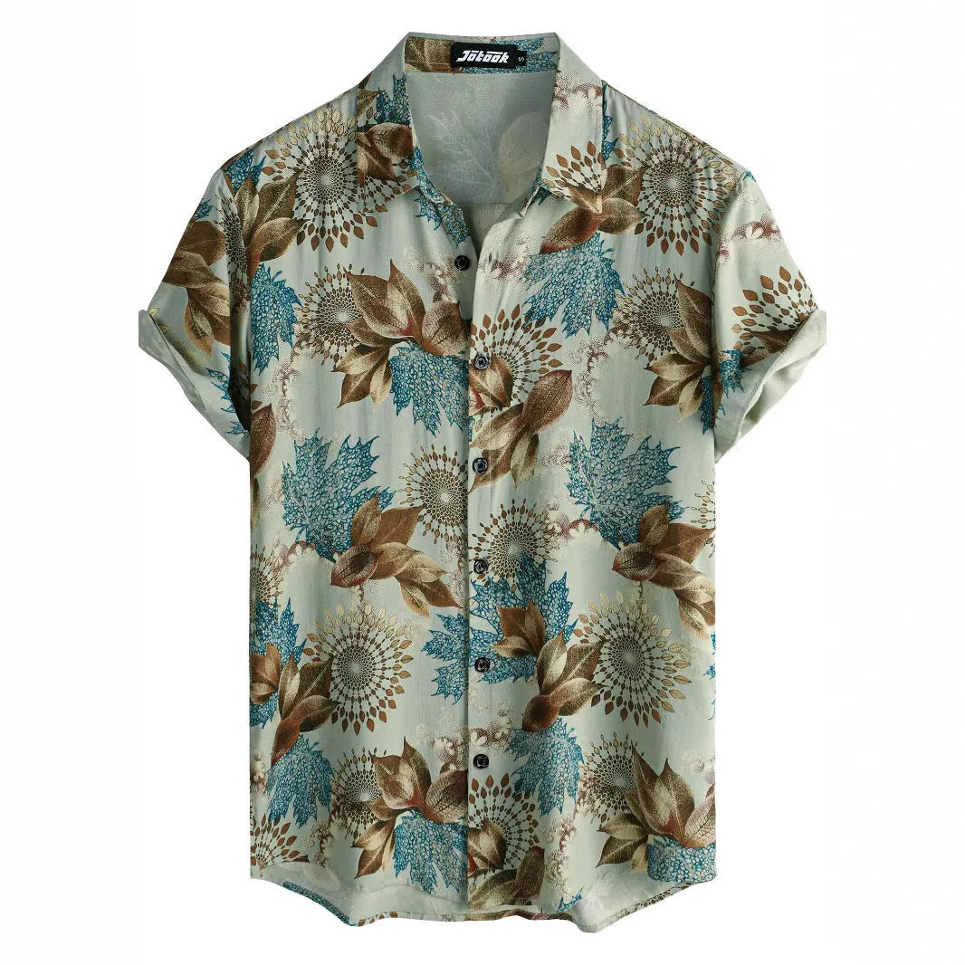 Hawaiian style short sleeve shirt with lapel collar and floral digital print, made from elastic polyester fabric.