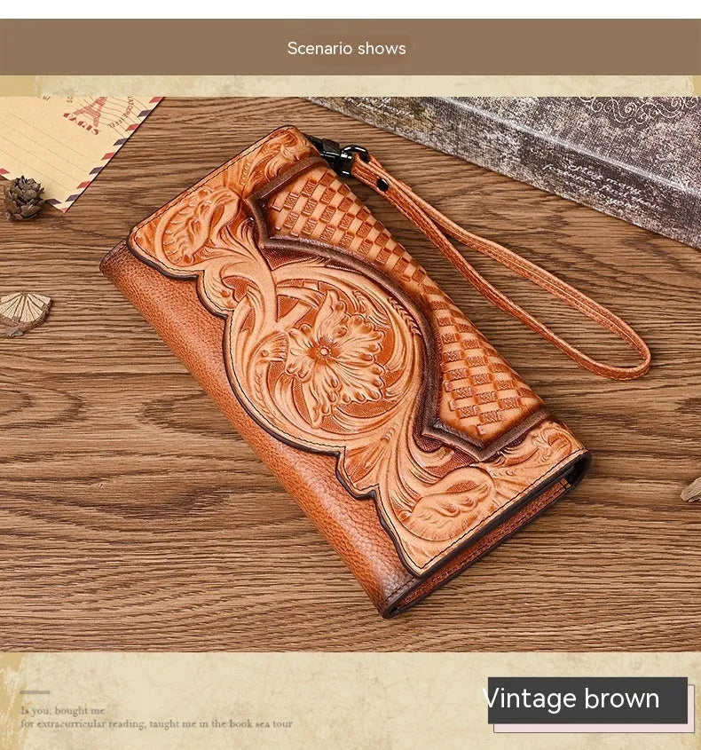 Retro brown tri-fold women's leather wallet with an embossed floral pattern, shown open to reveal compartments.