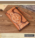 Retro brown tri-fold women's leather wallet with an embossed floral pattern, shown open to reveal compartments.