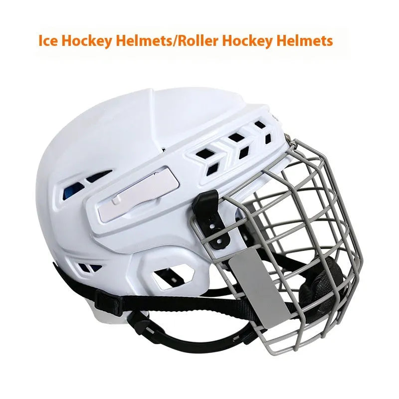 Ice hockey helmet with a carbon steel face mask, shown in a size option, displaying its PP shell and EVA lining.
