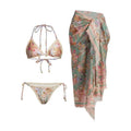 Women's creamy-white floral bikini set with matching skirt for beach holidays