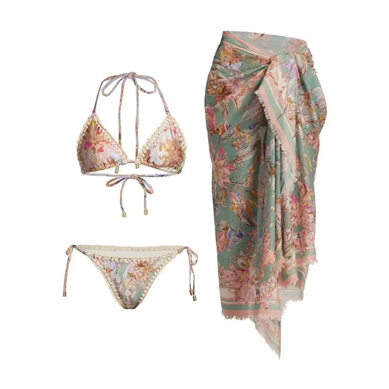 Women's creamy-white floral bikini set with matching skirt for beach holidays