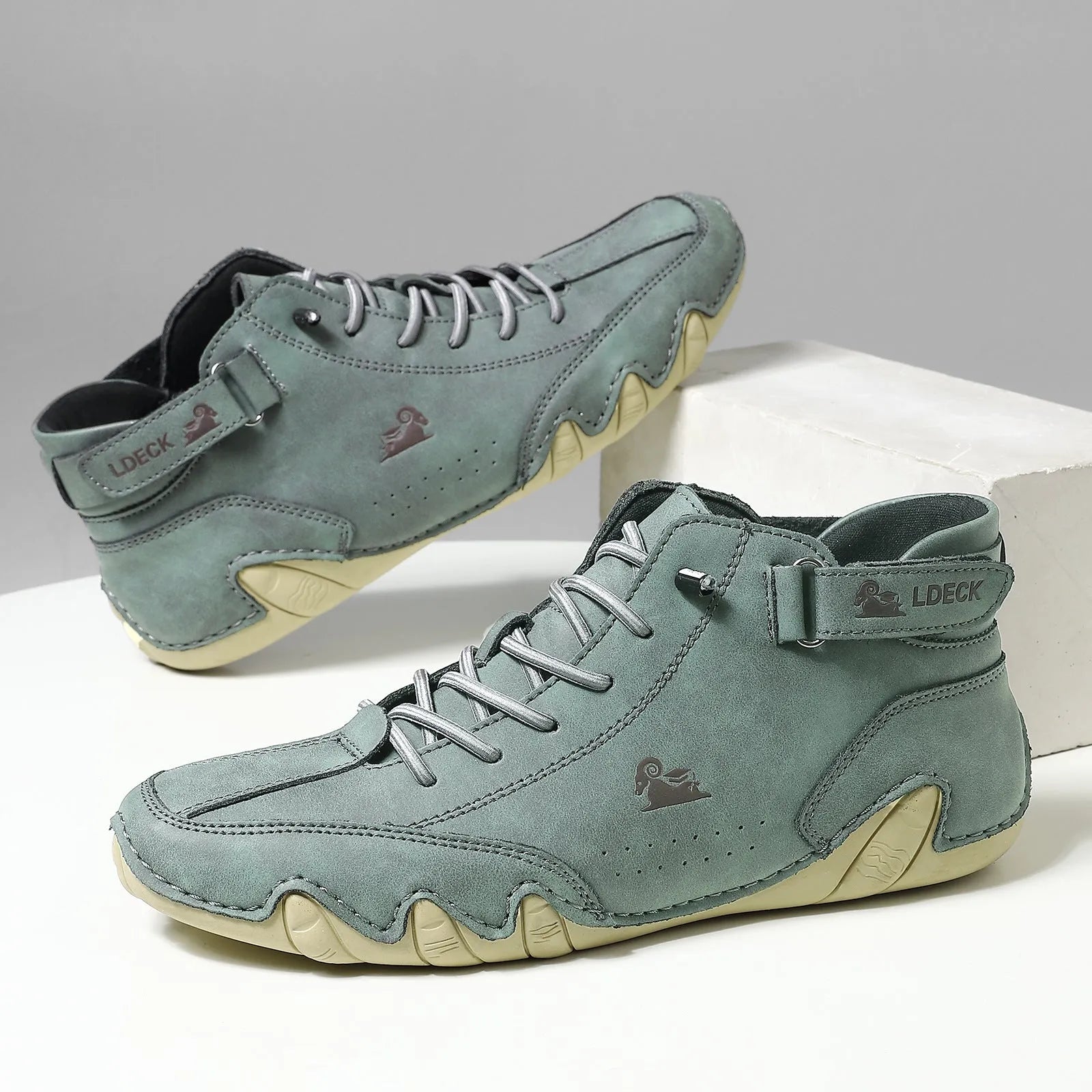 Men's khaki high top octopus shoes with a rubber sole and microfiber upper